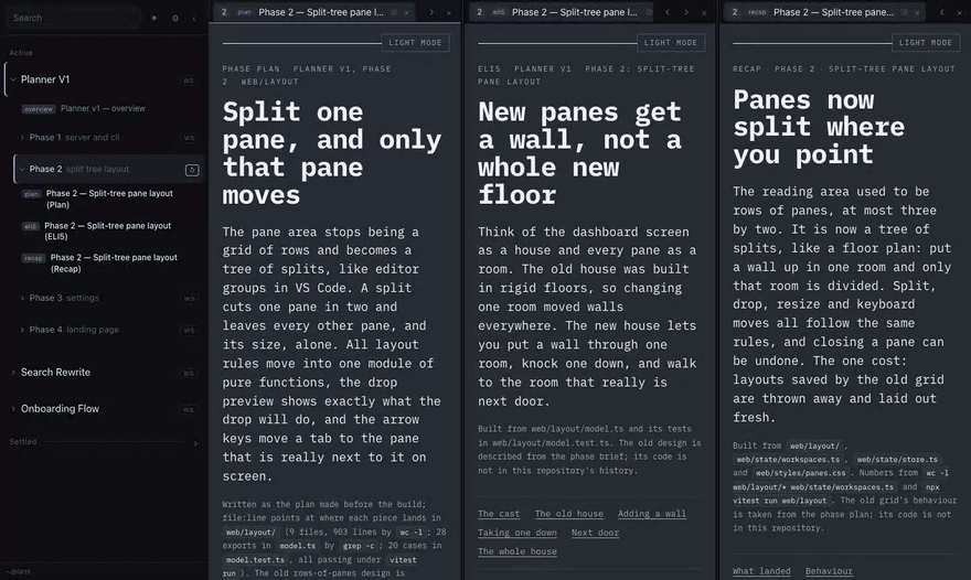 Dragging a tab onto a pane's lower edge splits only that pane; dividers resize; Option + arrow moves a tab between panes
