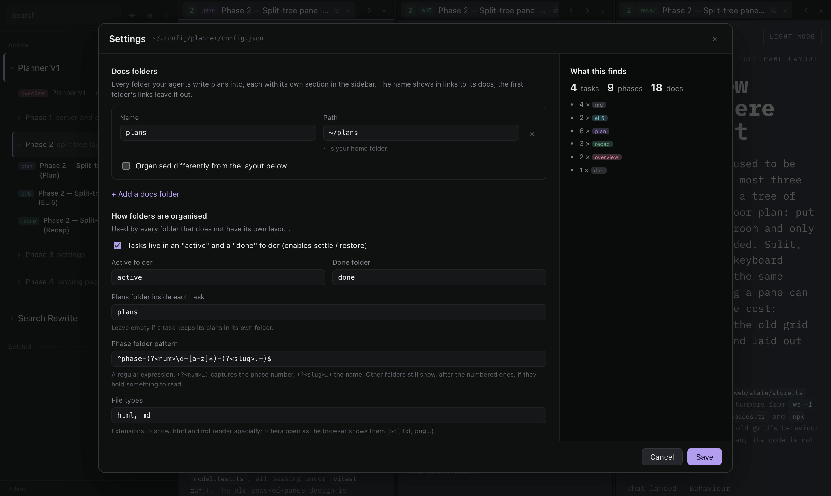 The settings page with a live preview of what the folder rules find