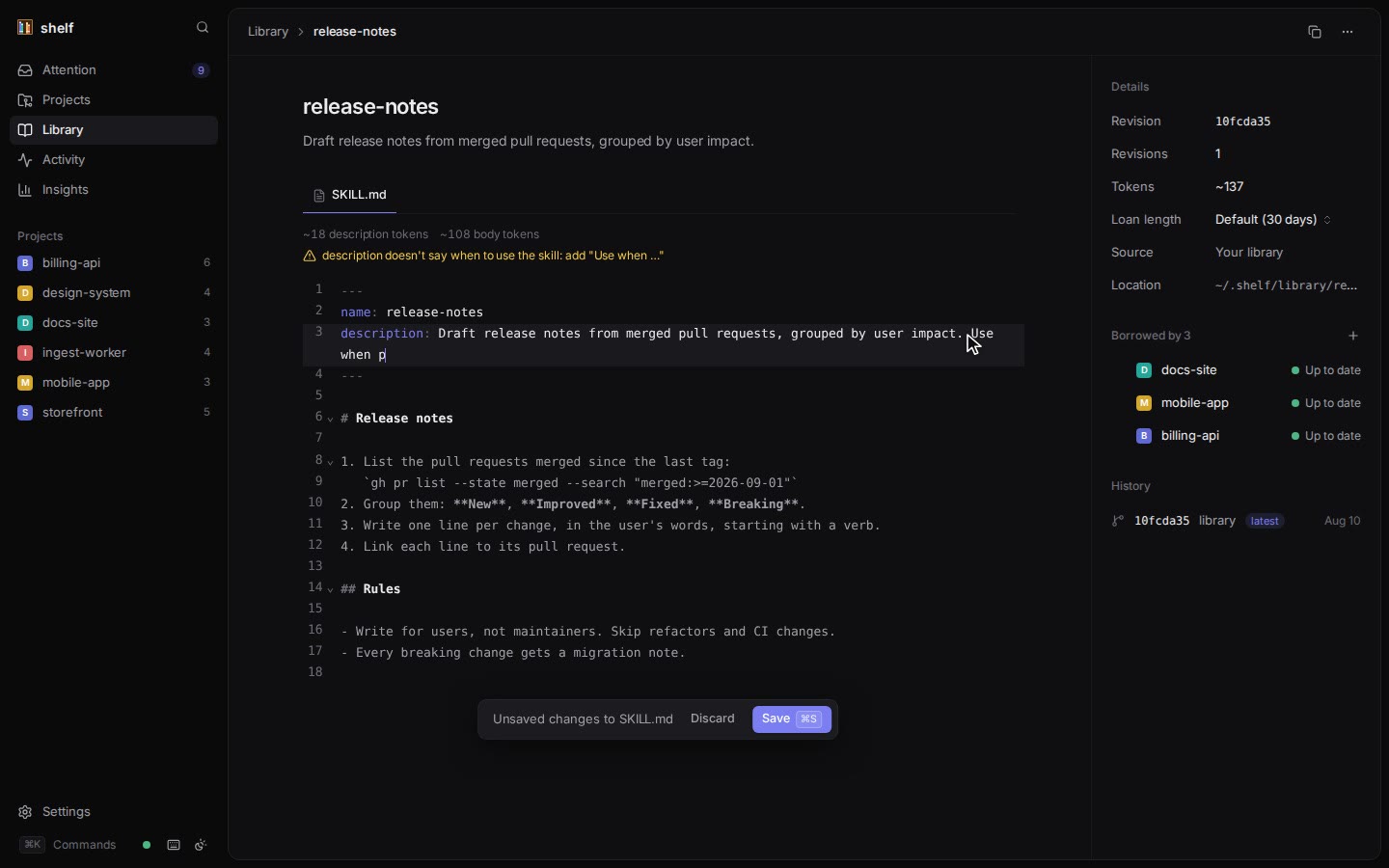 The library and the skill editor